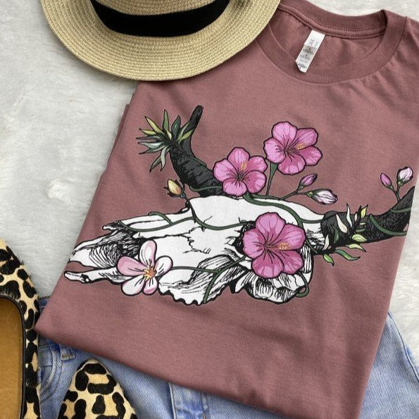 Floral Steer Skull Mauve Tee