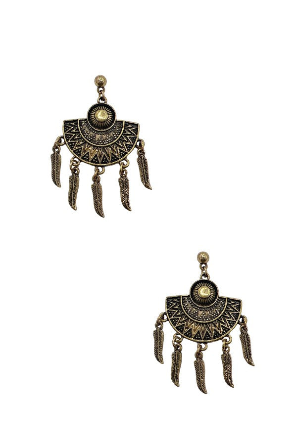 Half The World Gold Aztec Feather Earrings