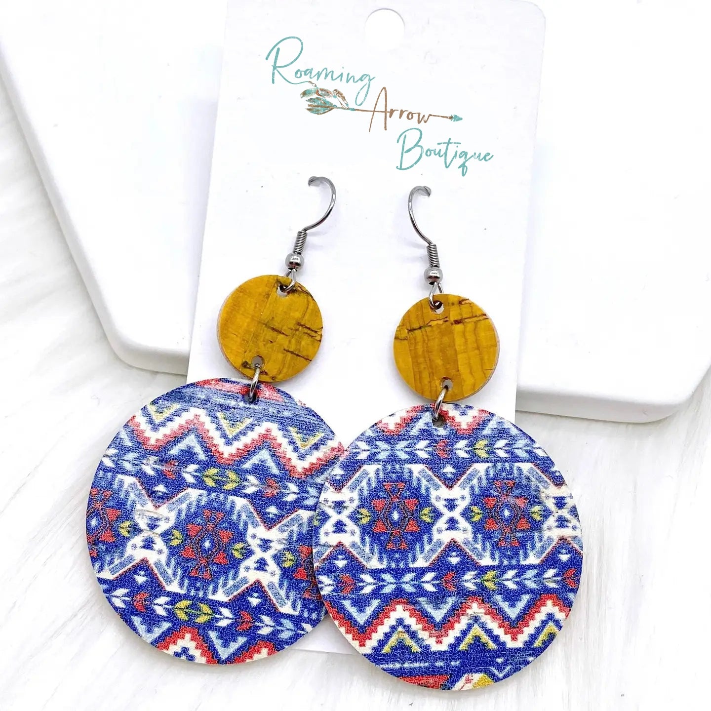 Mustard and Aztec Circle Cork Earrings