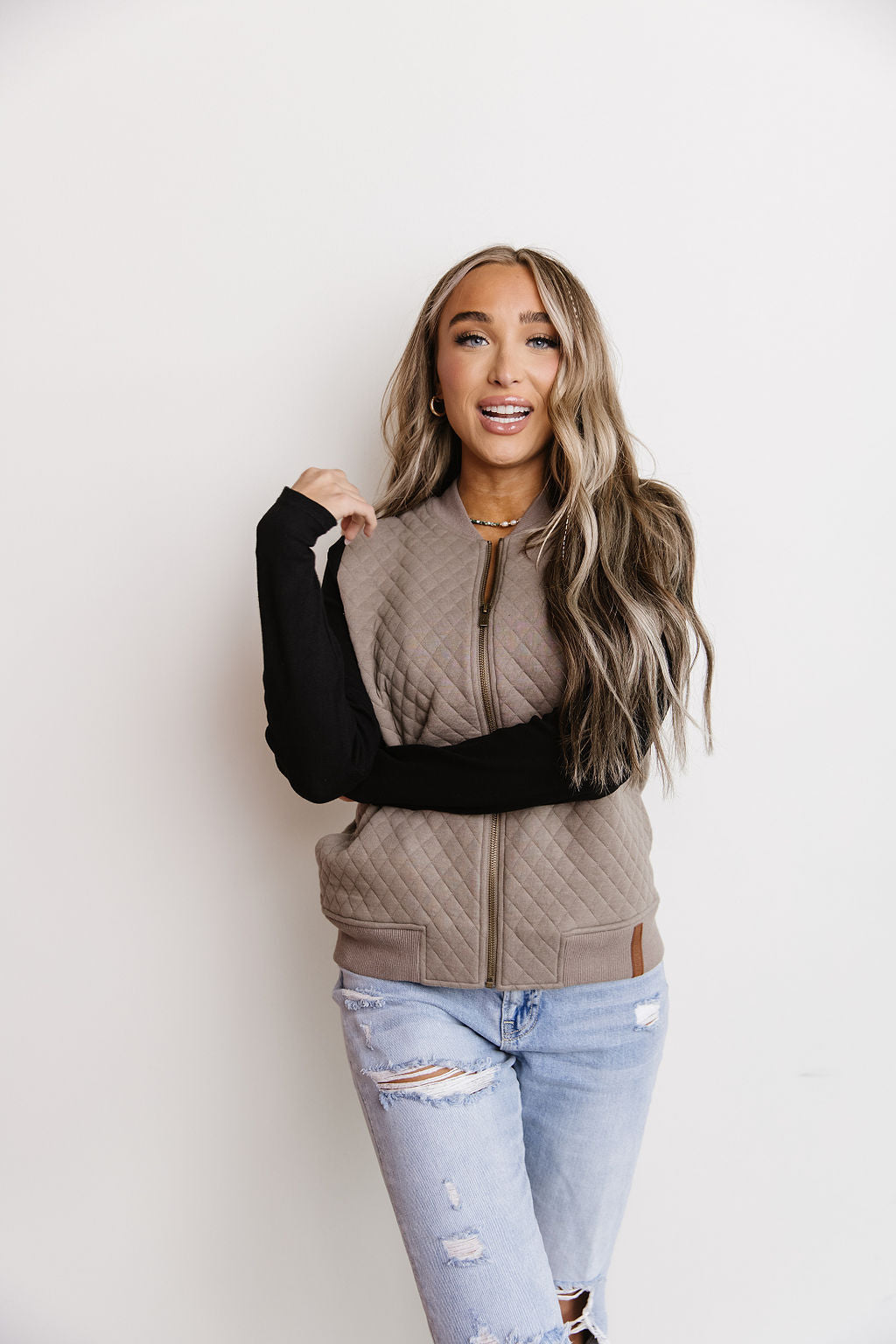Ampersand Ave Quilted Bomber Jacket - Taupe/Black