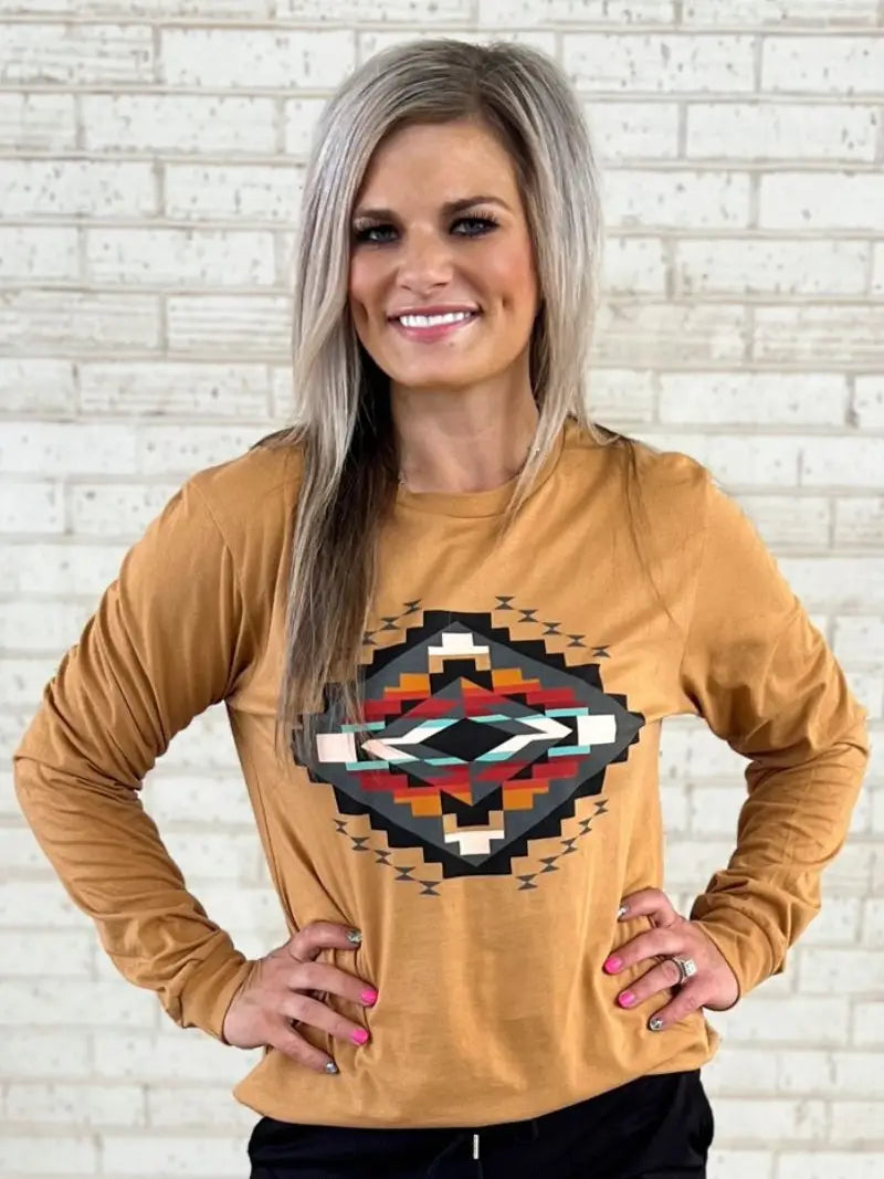 Fall Sunset Aztec Mustard Long-Sleeve Top