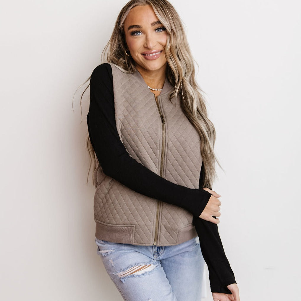 Ampersand Ave Quilted Bomber Jacket - Taupe/Black