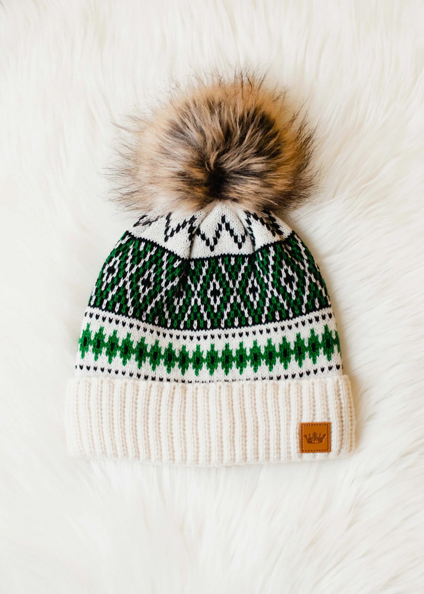 Winter Forest White/Green Fur Pom Beanie