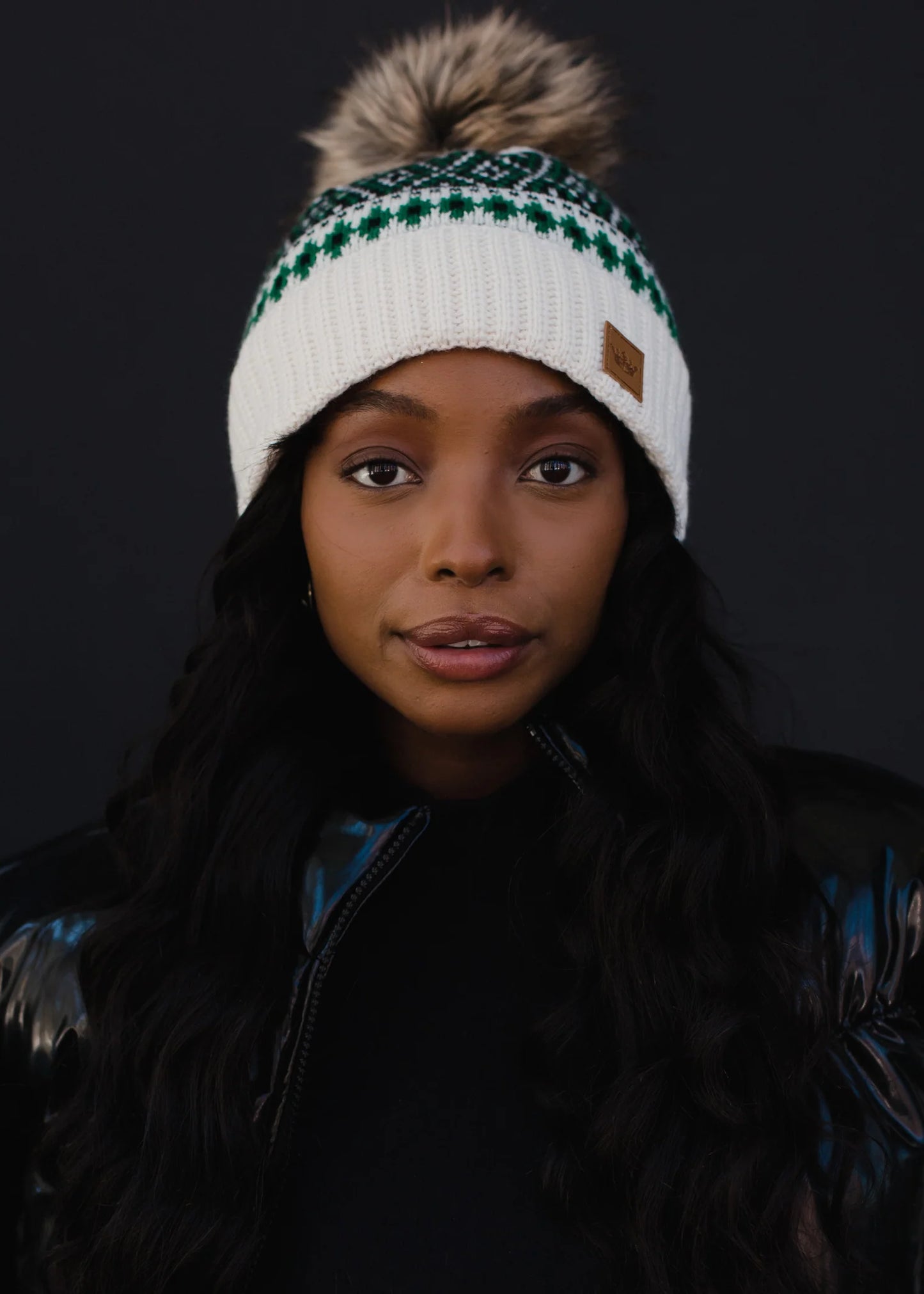 Winter Forest White/Green Fur Pom Beanie