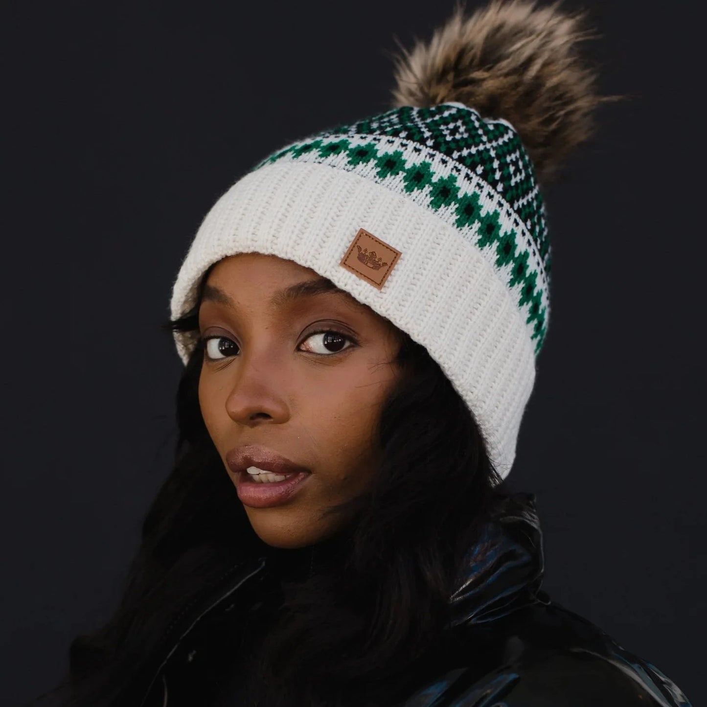 Winter Forest White/Green Fur Pom Beanie