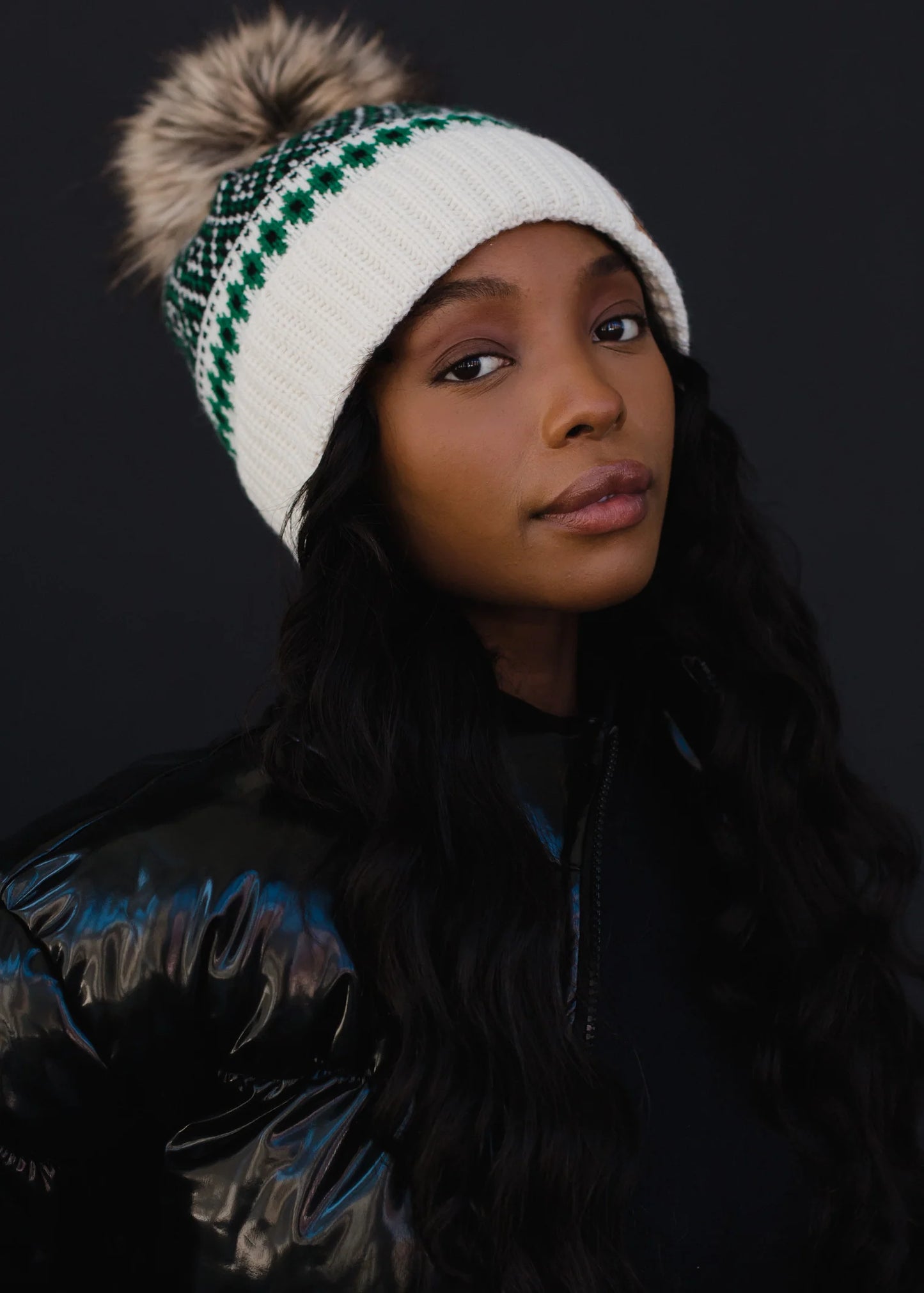 Winter Forest White/Green Fur Pom Beanie