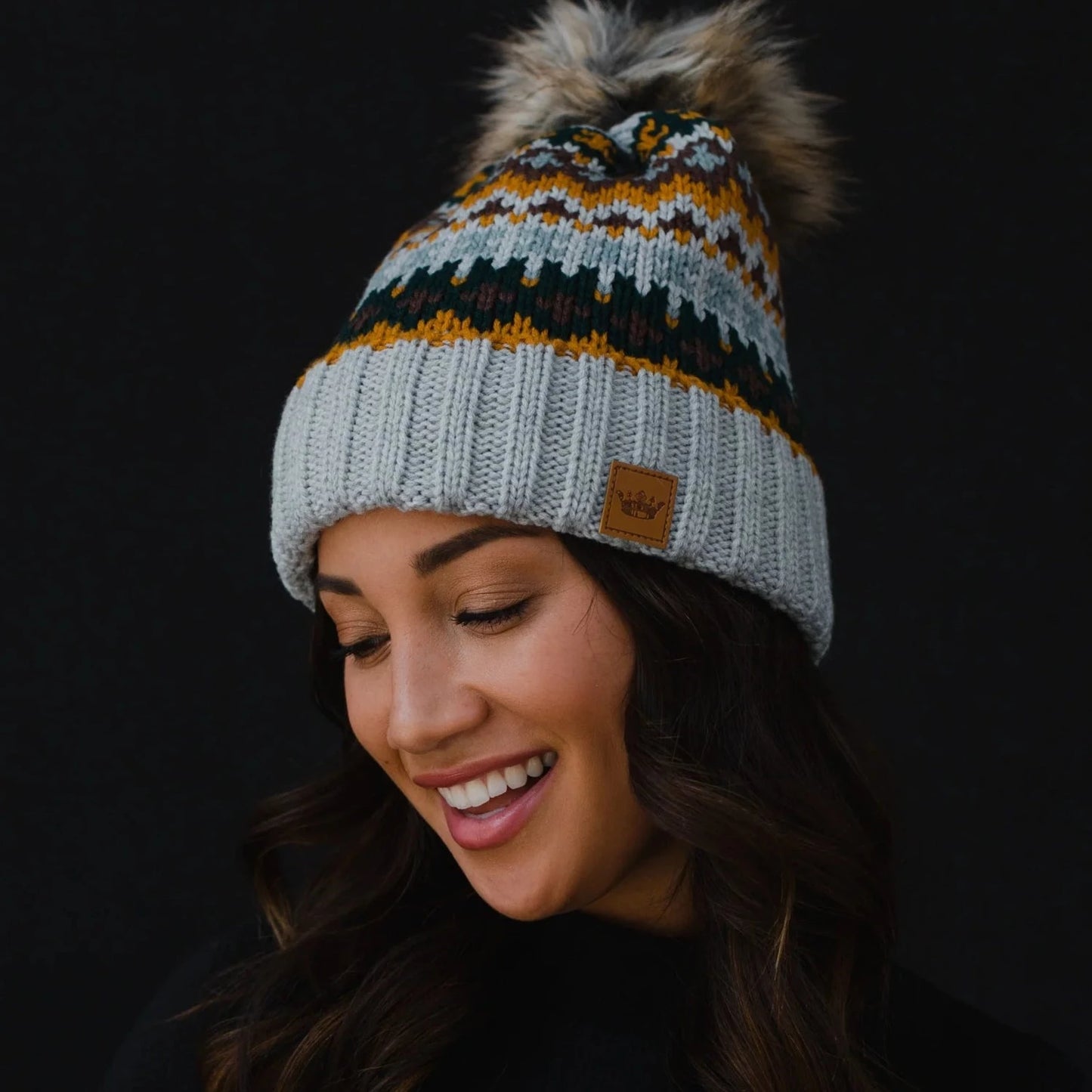 Comfort In The Storm Gray/Mustard Fur Pom Beanie