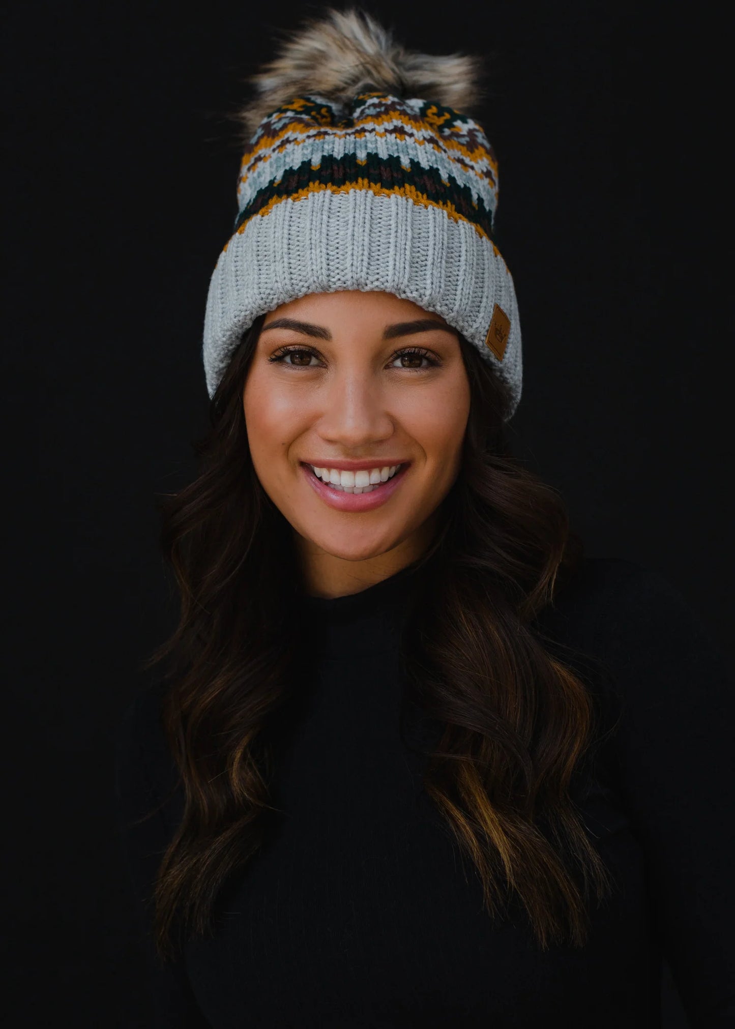 Comfort In The Storm Gray/Mustard Fur Pom Beanie