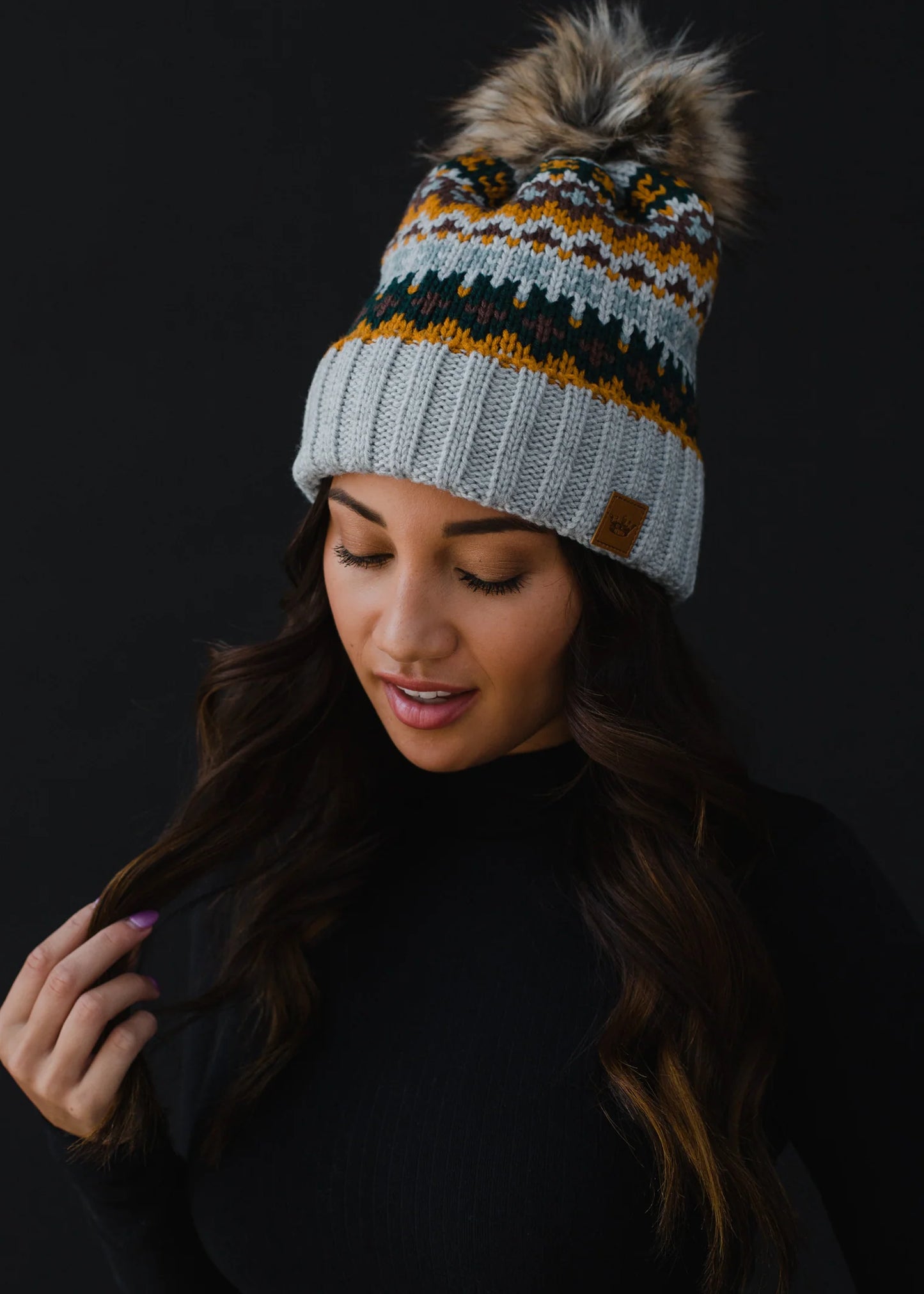 Comfort In The Storm Gray/Mustard Fur Pom Beanie