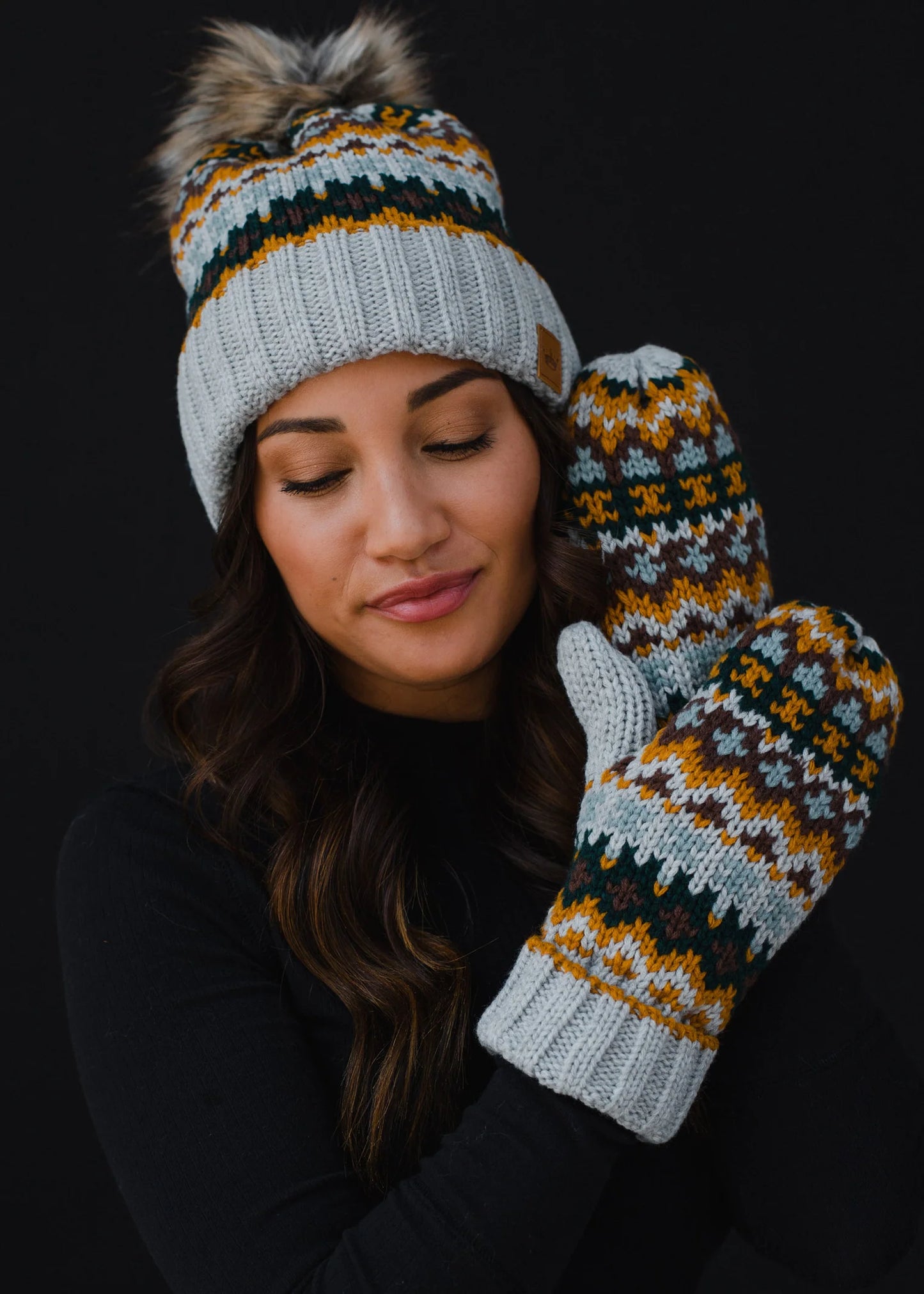 Comfort In The Storm Gray/Mustard Fur Pom Beanie