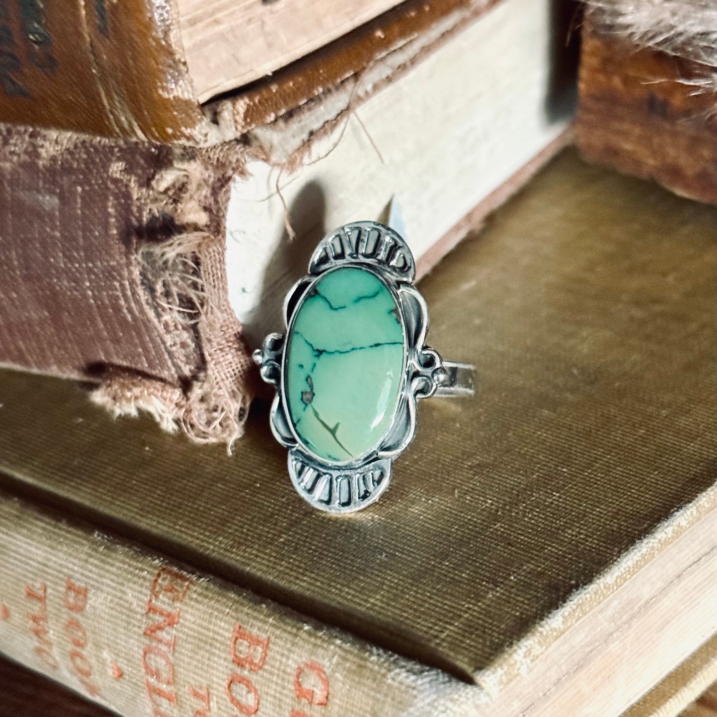 Oval Tibetan Turquoise Sterling Silver Ring - Size 9