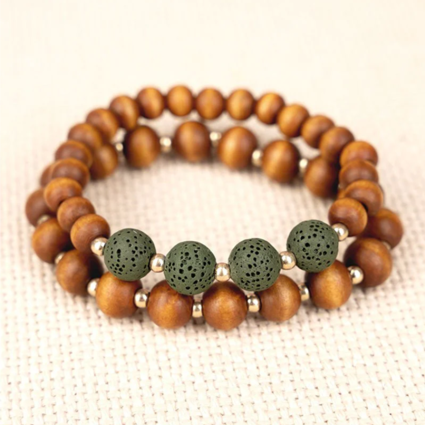 Forest Lava Rock and Wood Beaded Stretch Bracelet Set