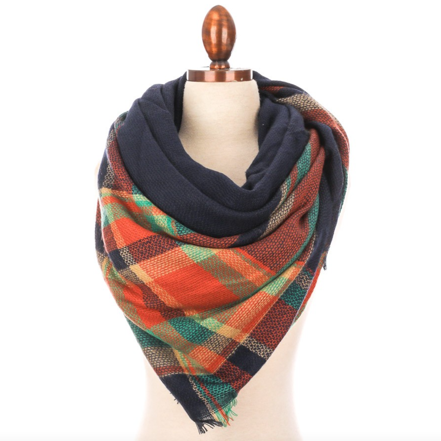 Deepest Warmth Plaid Blanket Scarf - Navy/Orange/Mint