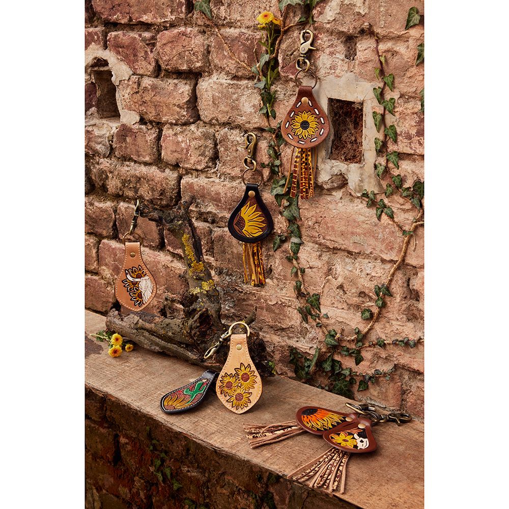 Sunflowers and Skull Tooled Leather Keychain