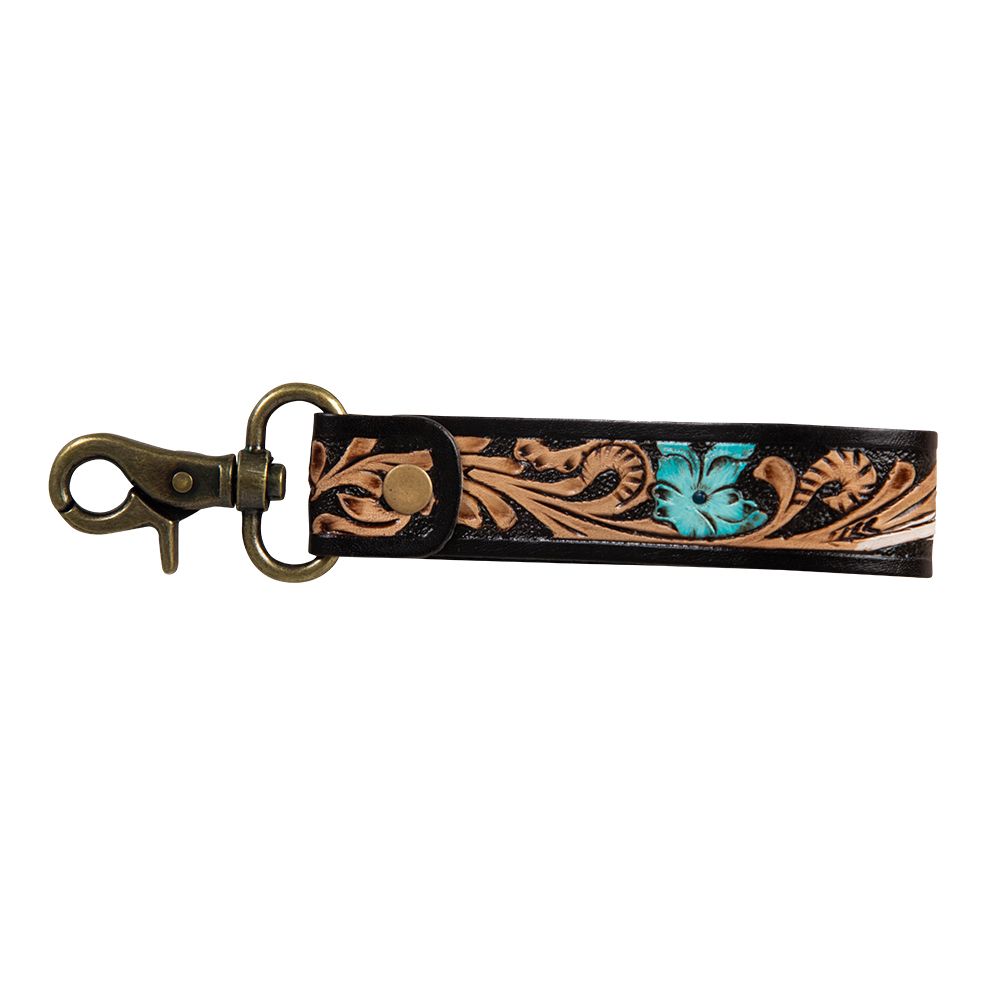 Floating Feather Black/Turquoise Tooled Leather Keychain Strap