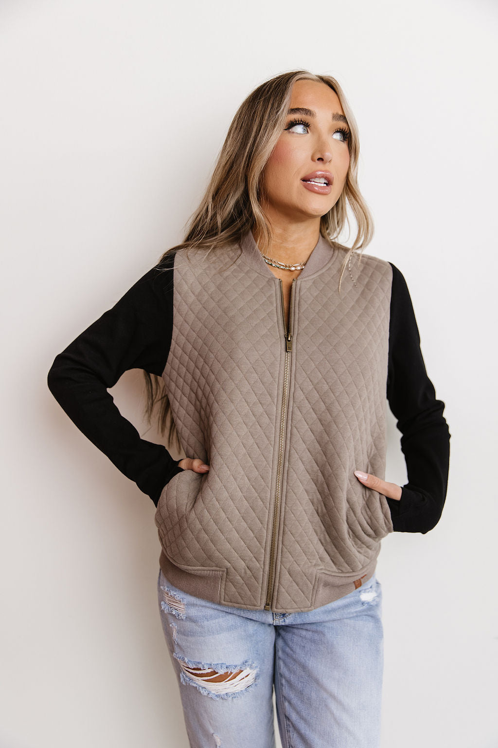 Ampersand Ave Quilted Bomber Jacket - Taupe/Black