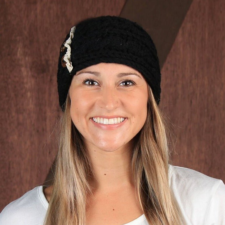 Buttoned and Laced Knit Head Wrap - Black