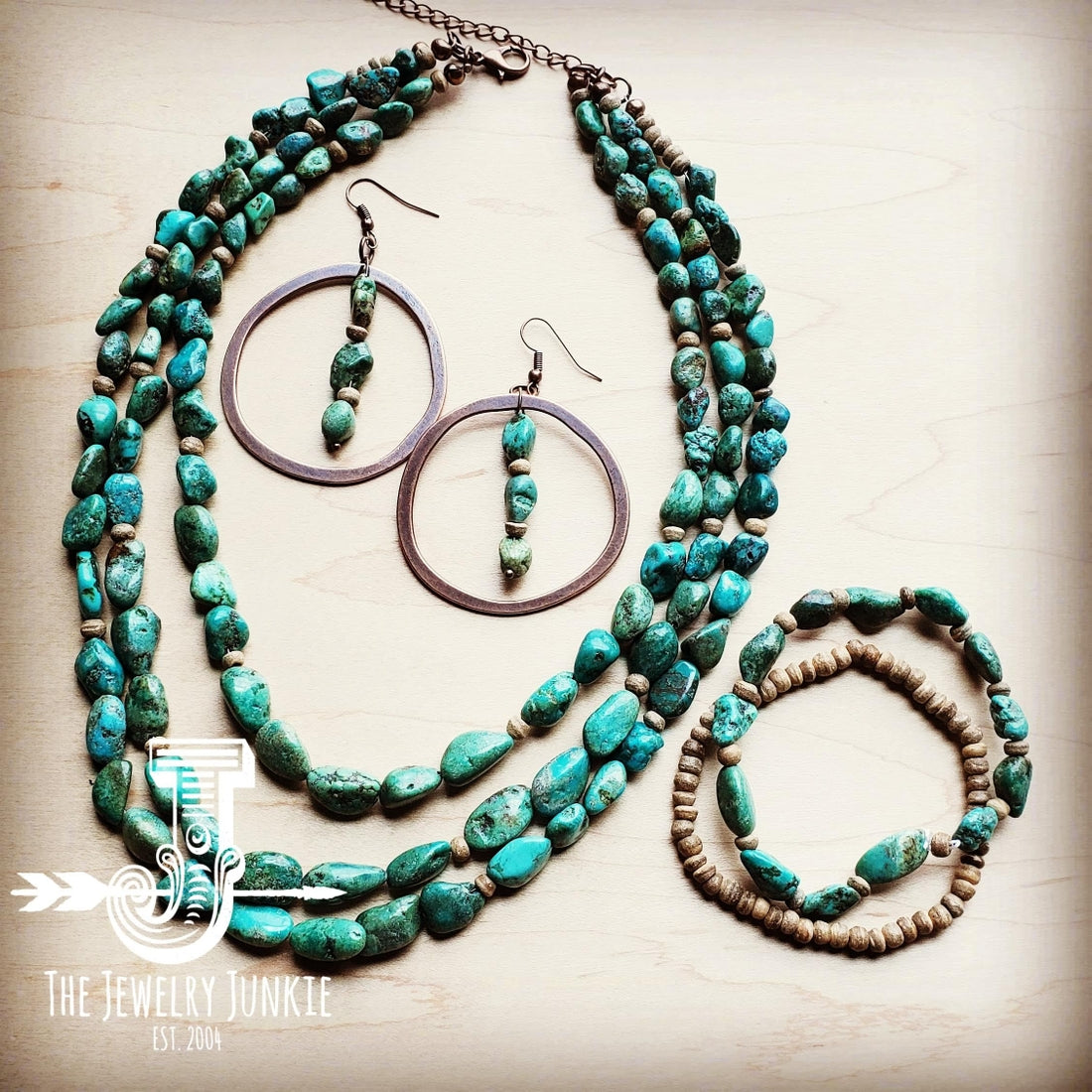 Turquoise/Wood Copper Hoop Earrings