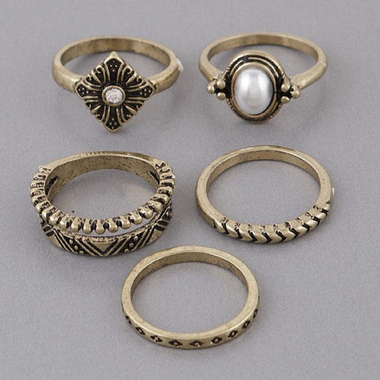 Vintage Glam Gold 5-Piece Ring Set - Size 7