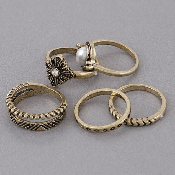 Vintage Glam Gold 5-Piece Ring Set - Size 7