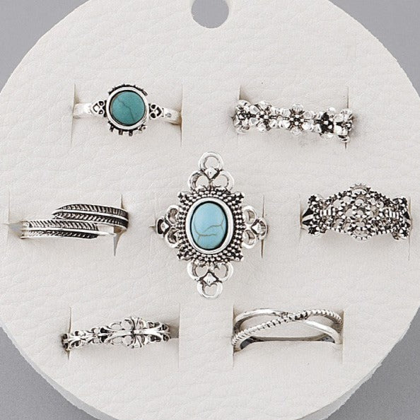 Alluring Fame Silver/Turquoise 7-Piece Ring Set - Size 7