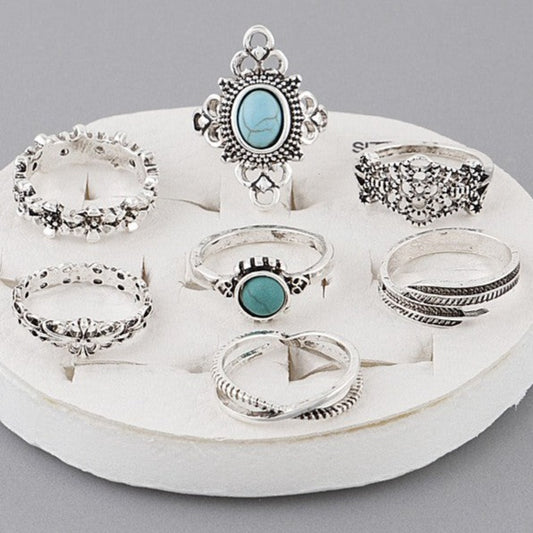 Alluring Fame Silver/Turquoise 7-Piece Ring Set - Size 7
