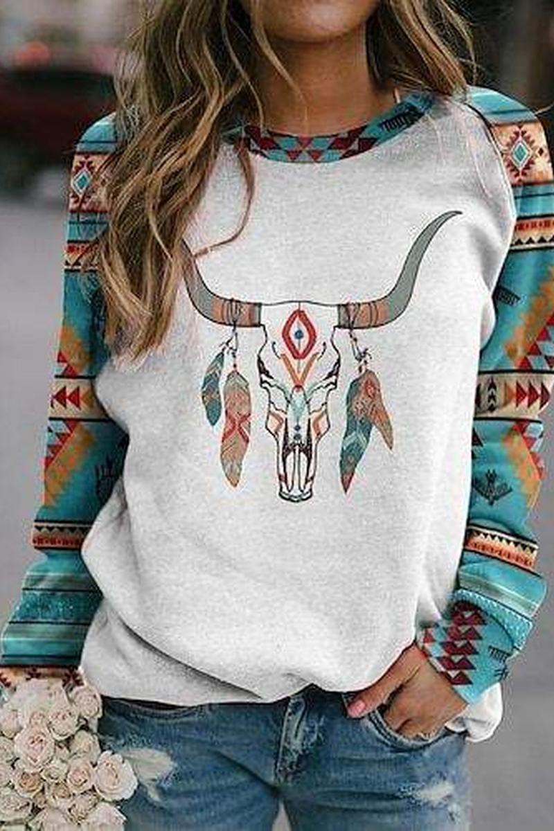 Dreaming Away Steer Skull Aztec Sleeve Sweatshirt