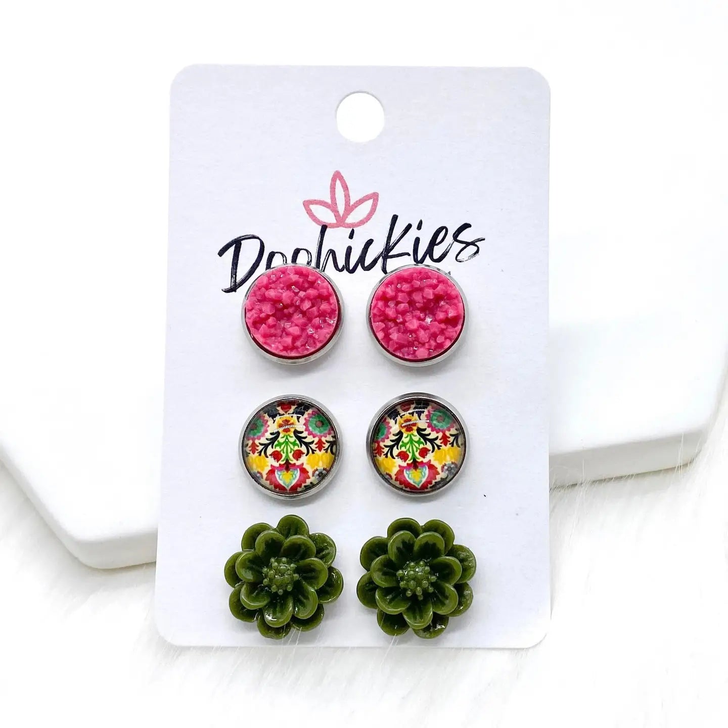 Greece Boho Pink/Olive Stud Earrings Set