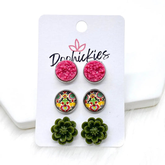Greece Boho Pink/Olive Stud Earrings Set