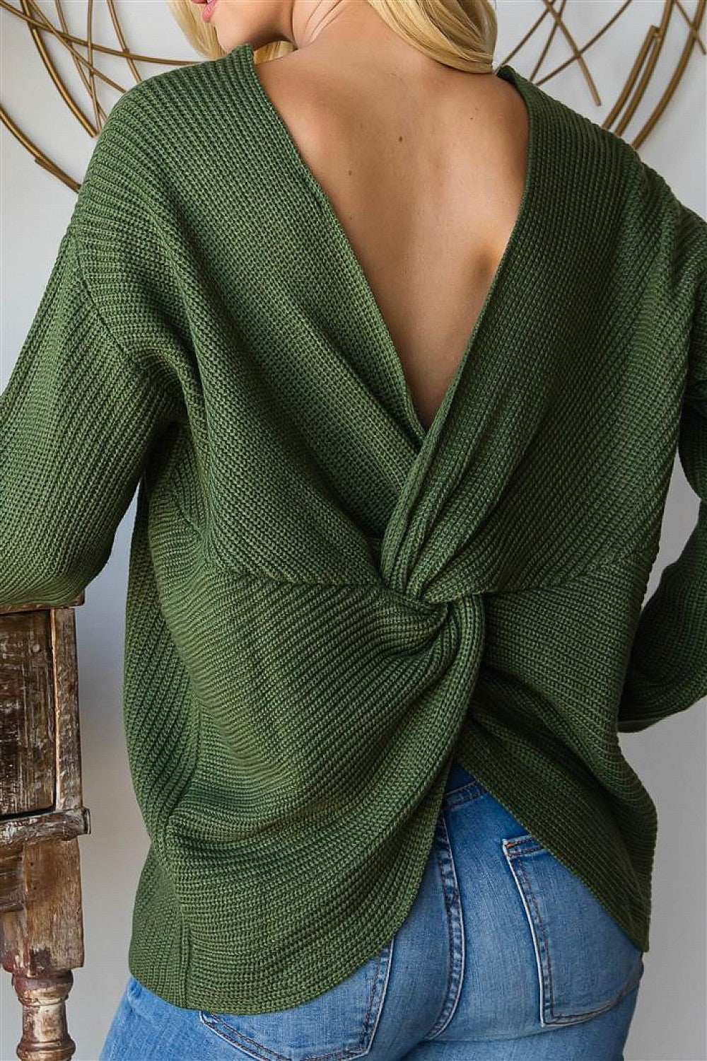Pond Moss Green Twisted Open Back Sweater