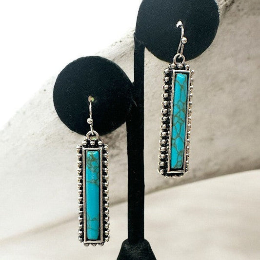 Long Bar Silvertone/Turquoise Earrings