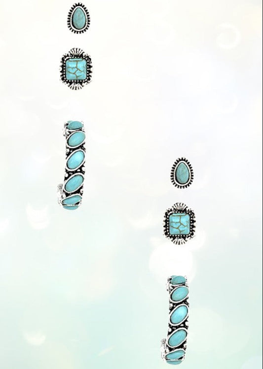 Don't Wait Turquoise/Silvertone Stud & Hoop Earrings Set