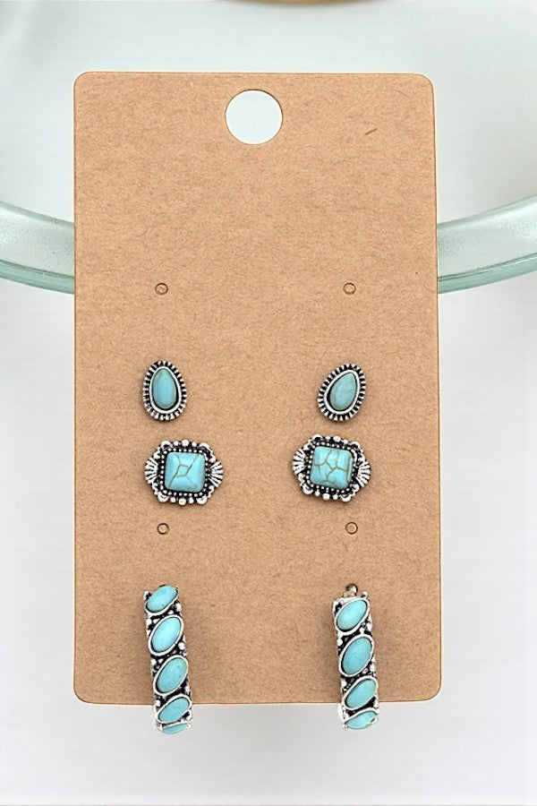 Don't Wait Turquoise/Silvertone Stud & Hoop Earrings Set