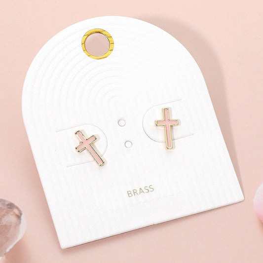 Misty Rose Pink Cross Stud Earrings