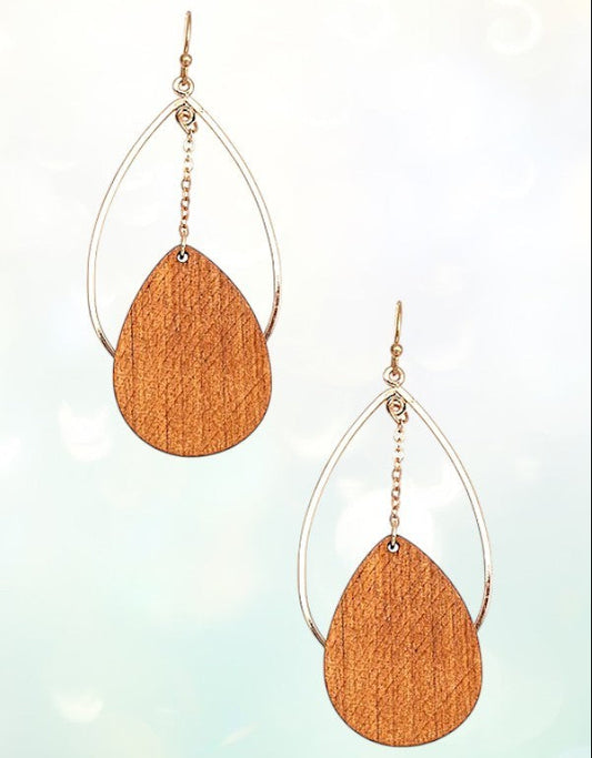 Chained Wooden Teardrop Earrings