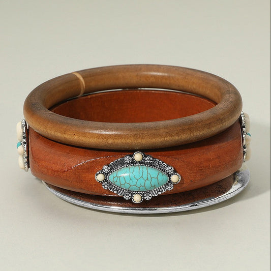 New Junction Turquoise/Wood 3-Piece Bangle Bracelet Set