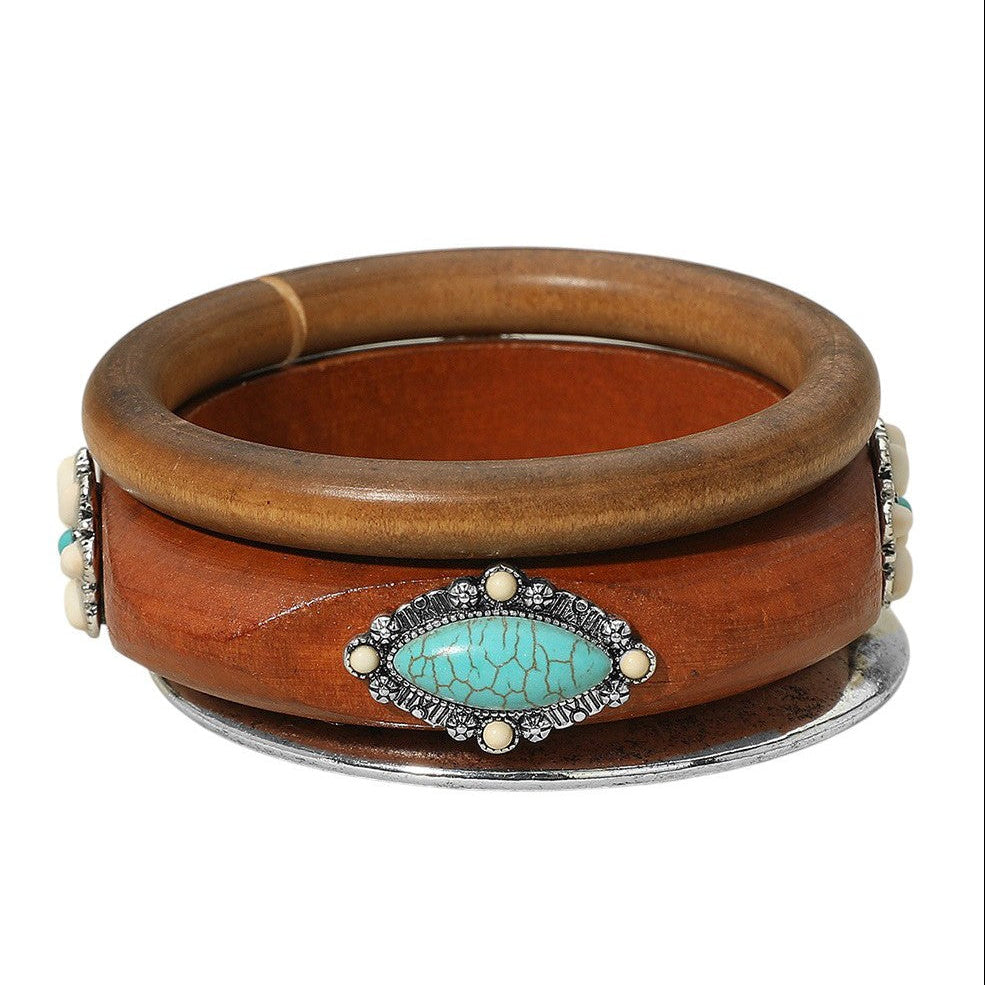 New Junction Turquoise/Wood 3-Piece Bangle Bracelet Set