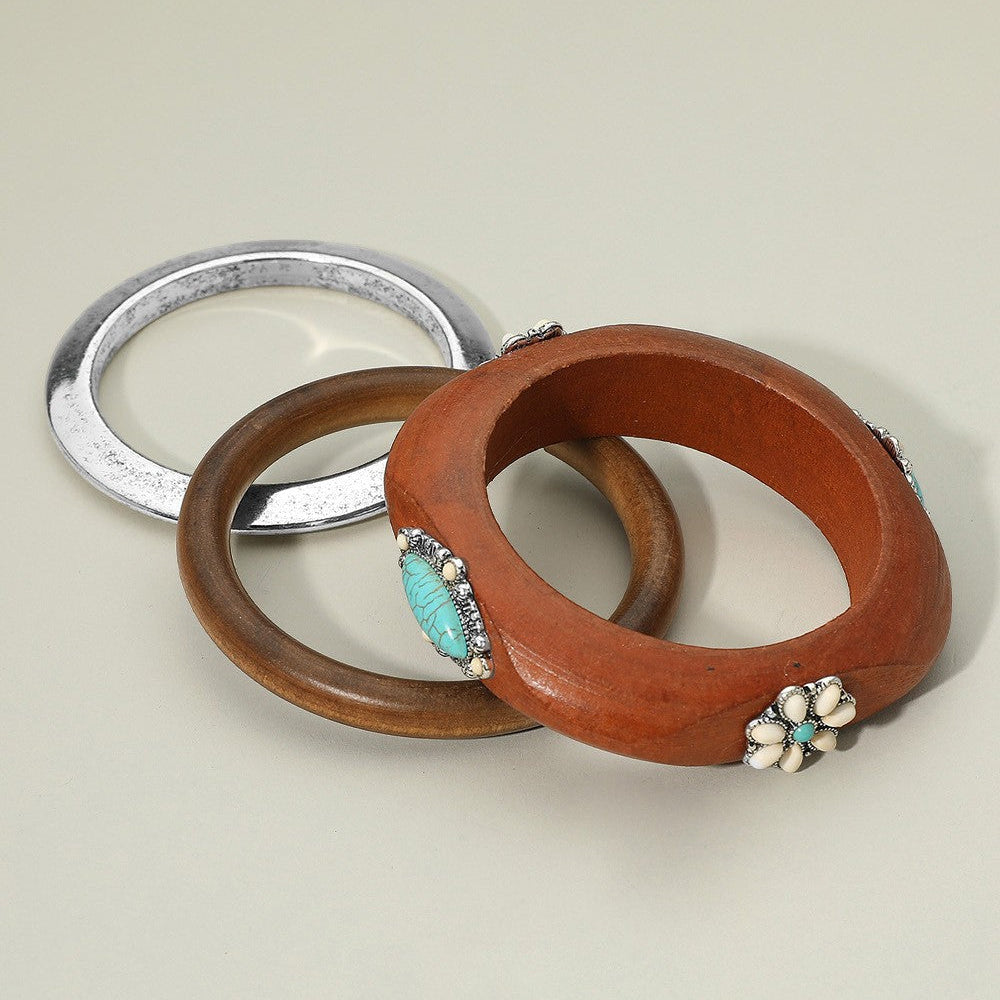 New Junction Turquoise/Wood 3-Piece Bangle Bracelet Set