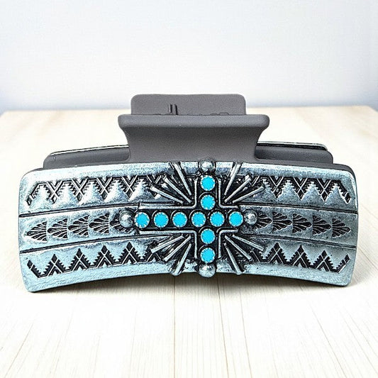 Rejoicing In Joy Turquoise Cross Hair Claw Clip