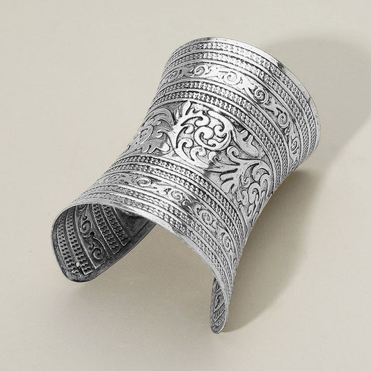 Eternal Happiness Scroll Etched Wide Cuff Bracelet