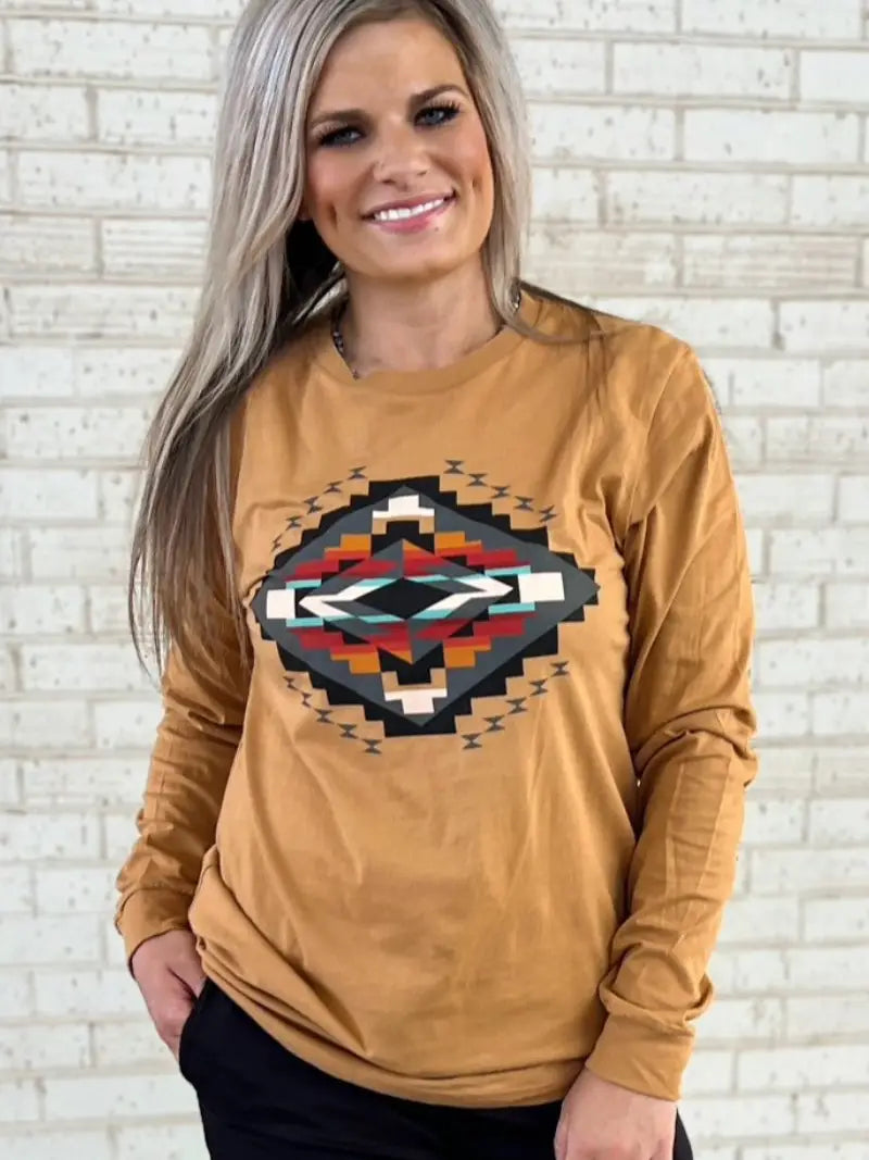 Fall Sunset Aztec Mustard Long-Sleeve Top