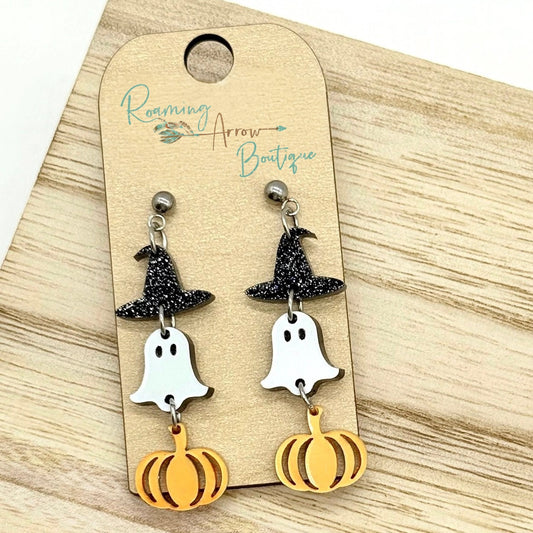 Witch Hat, Ghost, Pumpkin Dangle Earrings