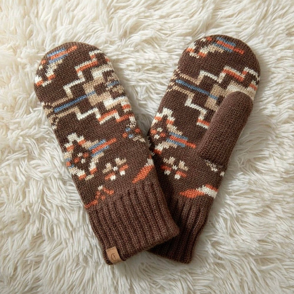 A Winter's Dream Aztec Knit Mittens - Brown