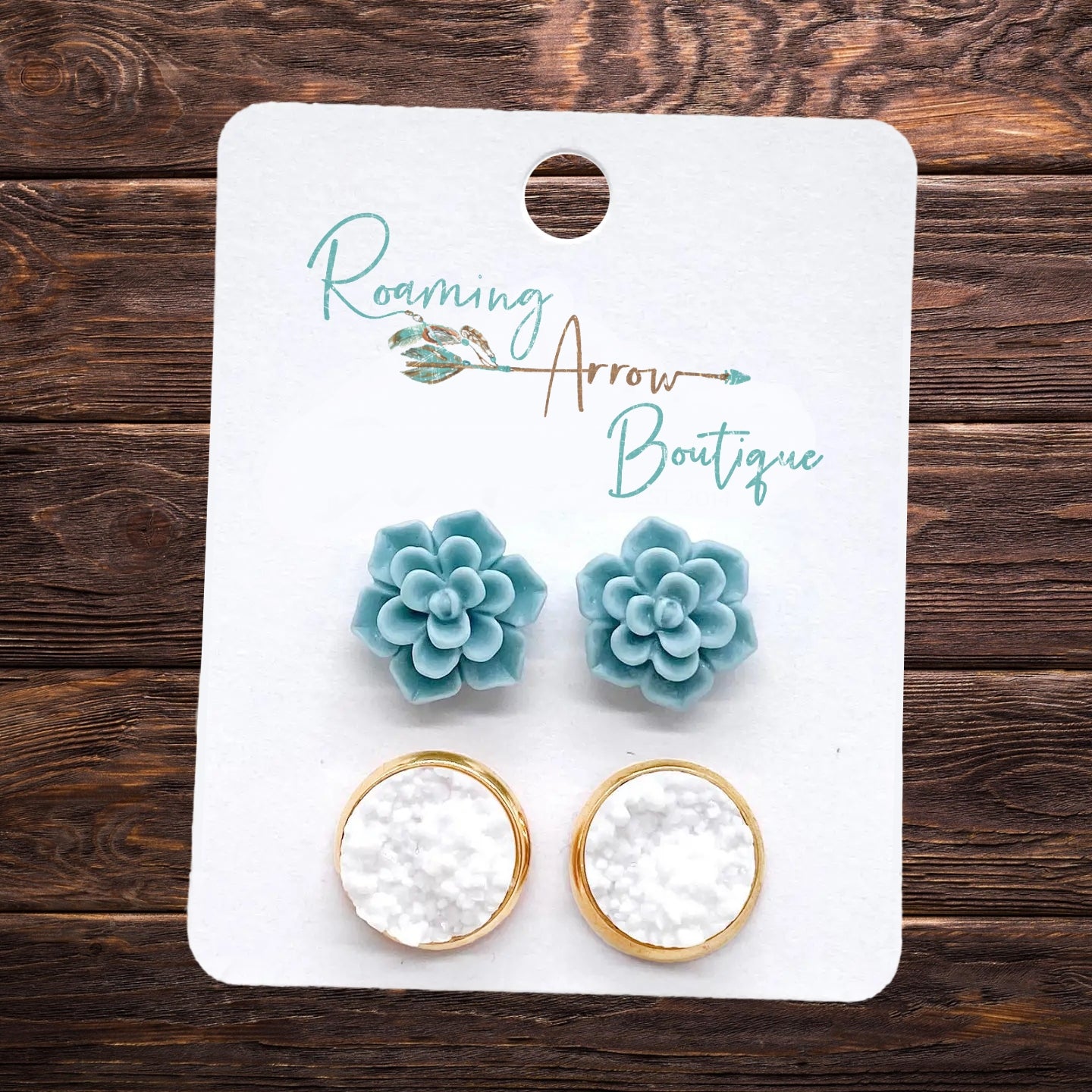 Sage Succulents and Gold/White Druzy Stud Earring Set