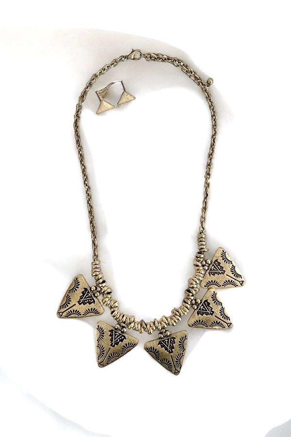 Etched Aztec Triangle Necklace/Earrings Set