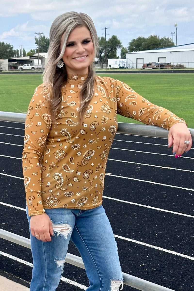 Sheer Delight Mesh Long-Sleeve Top - Mustard Bandana
