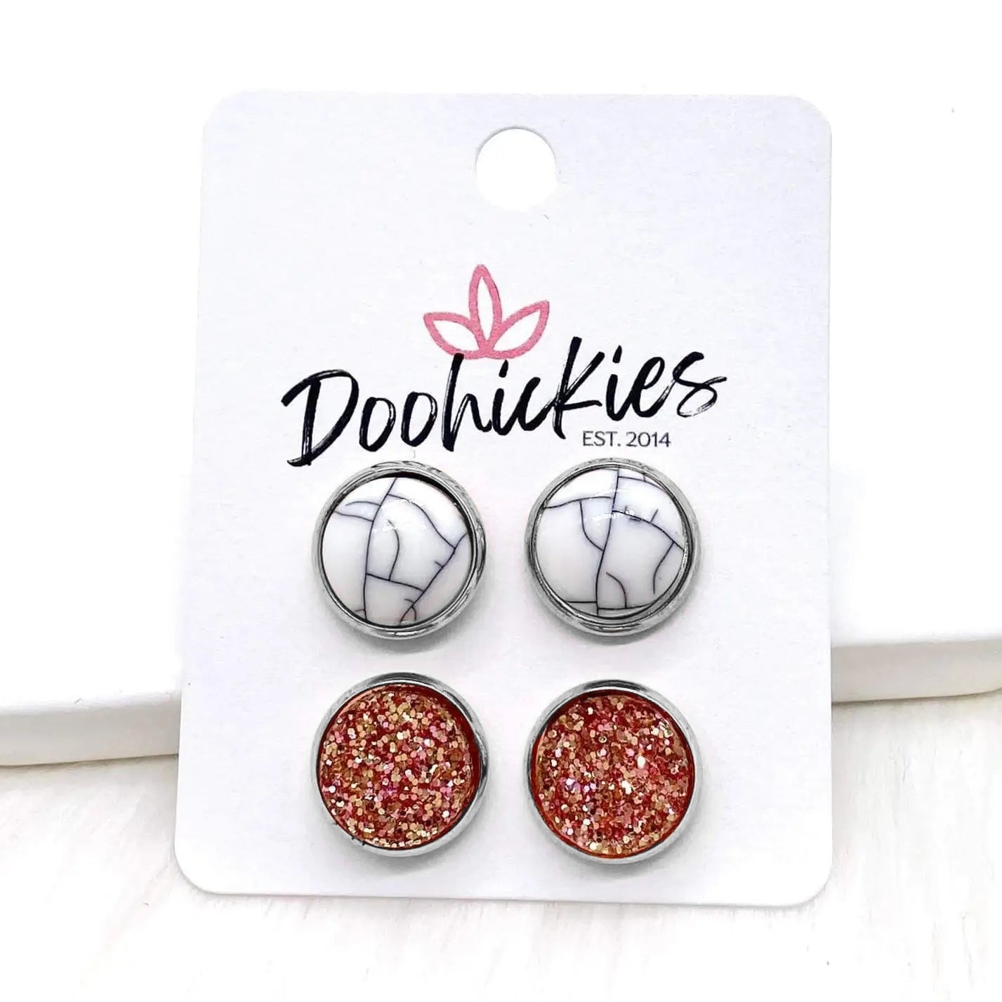 White Marble and Rose Gold Druzy Stud Earrings Set