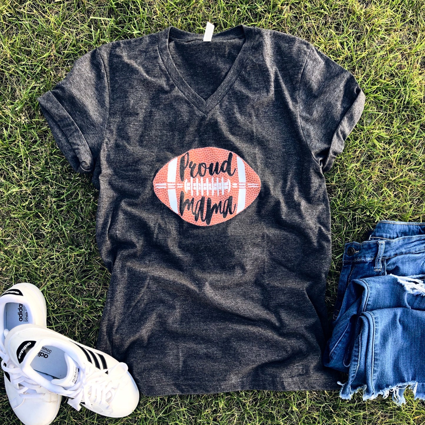 Proud Football Mama Charcoal V-Neck Tee [will ship separately]
