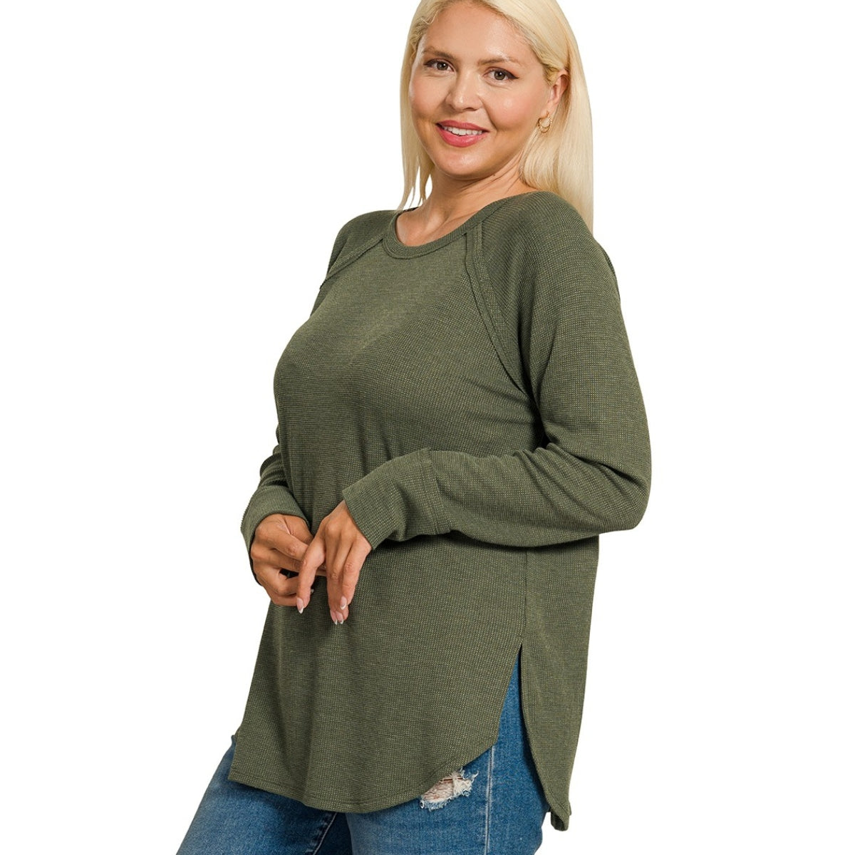Comfort Cove Waffle Knit Long Sleeve Top [plus] - Olive