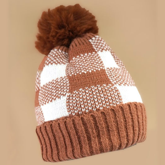 Queen Me Checkered Beanie - Camel/White